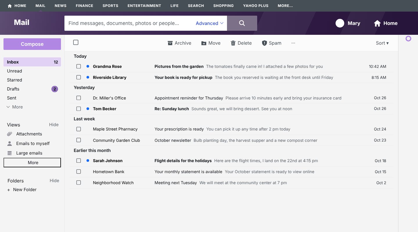 Yahoo Mail in Chrome with RetroInbox: a plum header with the search box, folders on the left, and the inbox grouped under Today, Yesterday, Last week and Earlier this month, with no ads.