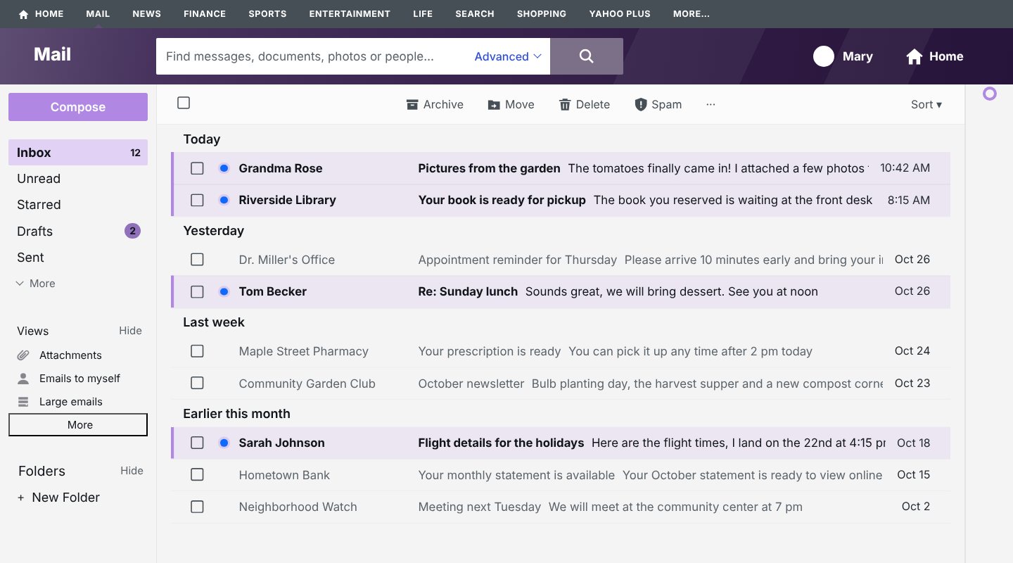 Yahoo Mail with RetroInbox using large text: unread messages have a purple bar on the left and a light purple background.